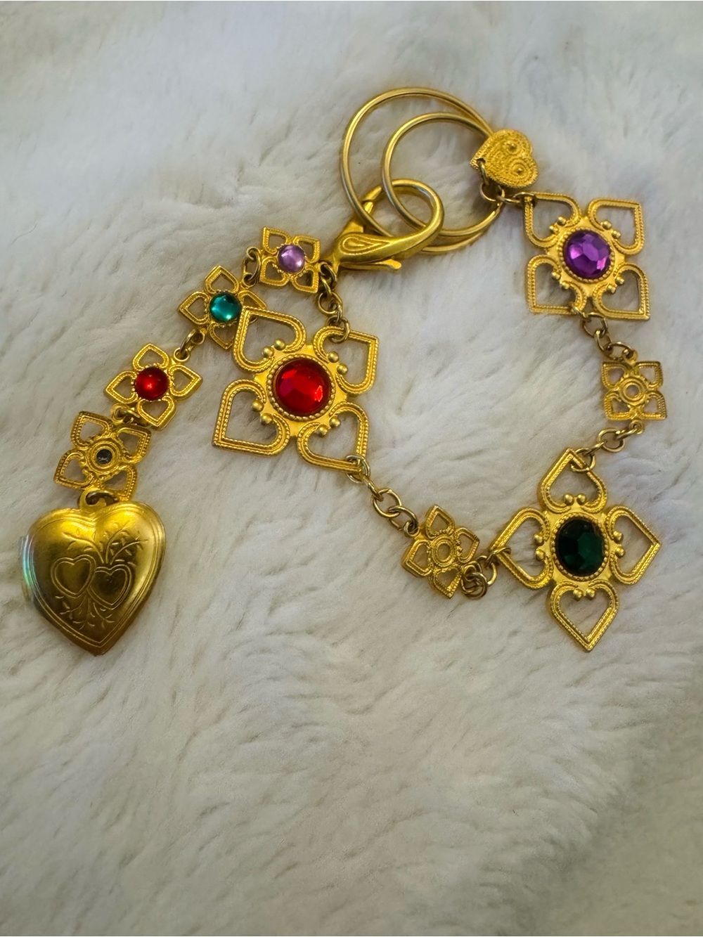 Gold-Tone Heart Locket Bracelet with Multicolor Gem Accents